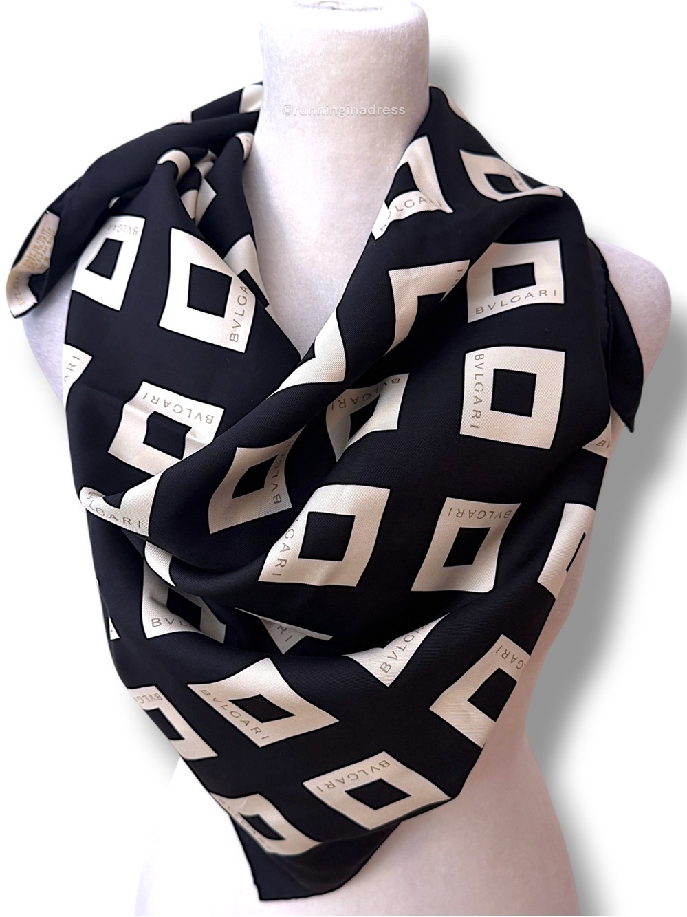 BVLGARI Vintage Quadrato Silk Scarf Black Cream Copper Geometric Square 90cm